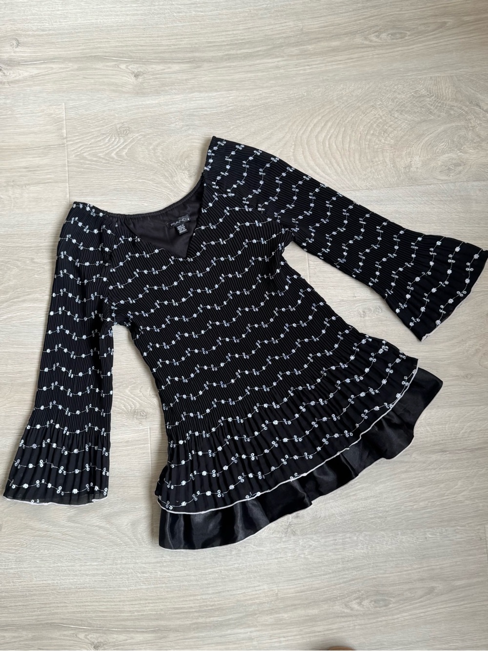 Black Pleated Ruffle Hem Long Sleeve Top with White Dot Pattern